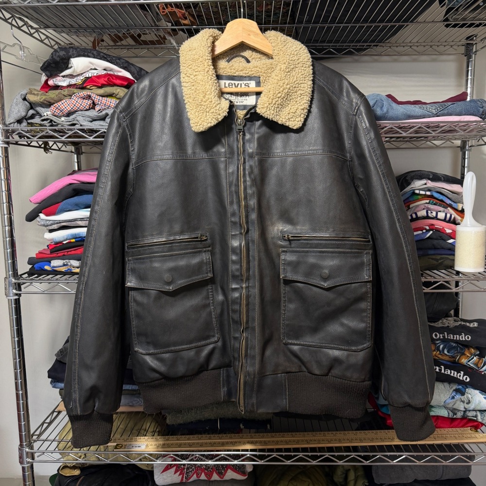 Levi's Bomber Jacket Men's XXL Brown Faux Leather Sherpa Collar Aviator Flight